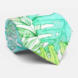 Pastellmonstera handflatan löv, tropisk vattenfärg slips