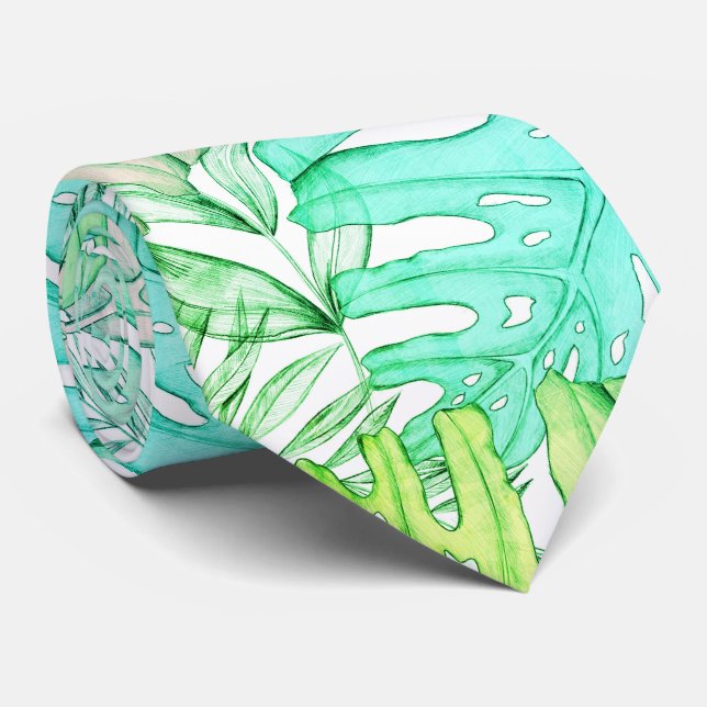 Pastellmonstera handflatan löv, tropisk vattenfärg slips (Rullad)