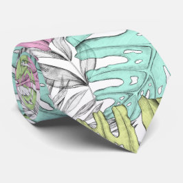Pastellmonstera handflatan löv, tropisk vattenfärg slips