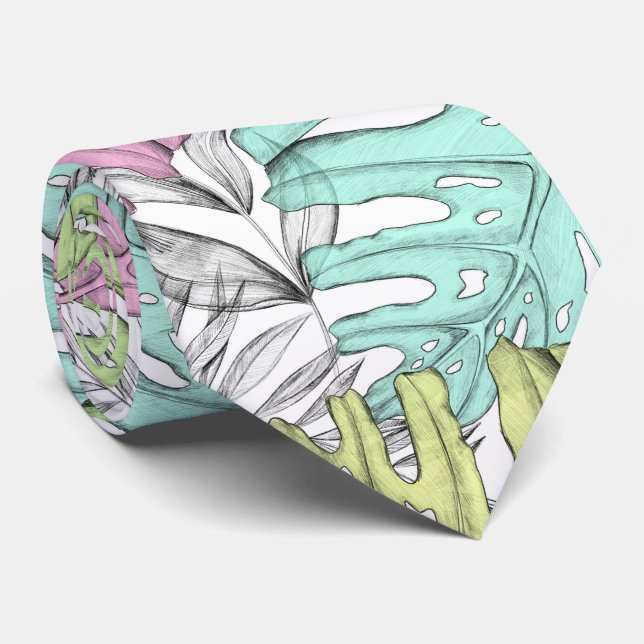 Pastellmonstera handflatan löv, tropisk vattenfärg slips (Rullad)