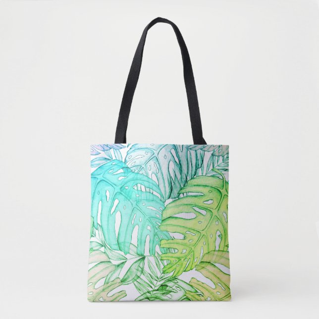 Pastellmonstera handflatan löv, tropisk vattenfärg tygkasse (Framsida)