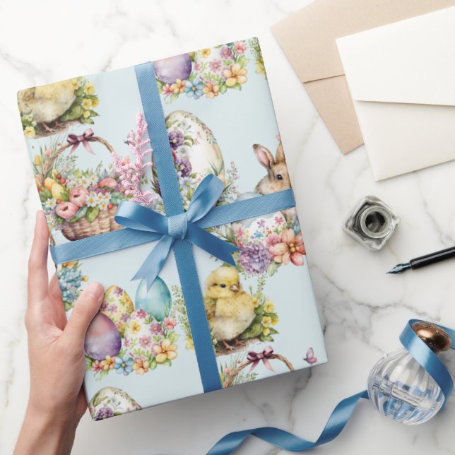 PastellPåskägg, Bunny, Chick Blommigt Blue Presentpapper (Gifting)