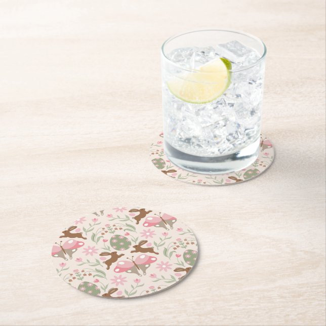 PastellPåskhare och Flower Mönster Underlägg Papper Rund (Insitu)