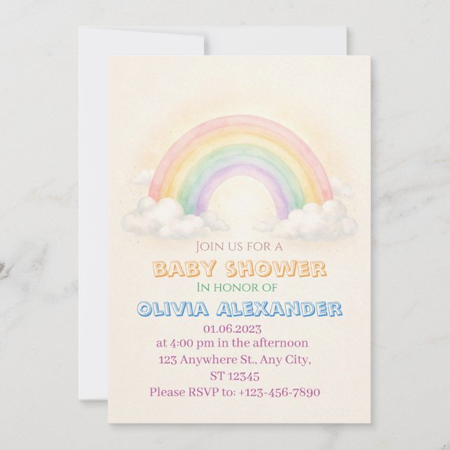 Pastellregnbåge Baby Shower Inbjudan | Whimsisk  (Framsida)