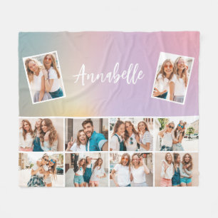 Pastellregnbåge, enkelt multifoto i monogram fleecefilt