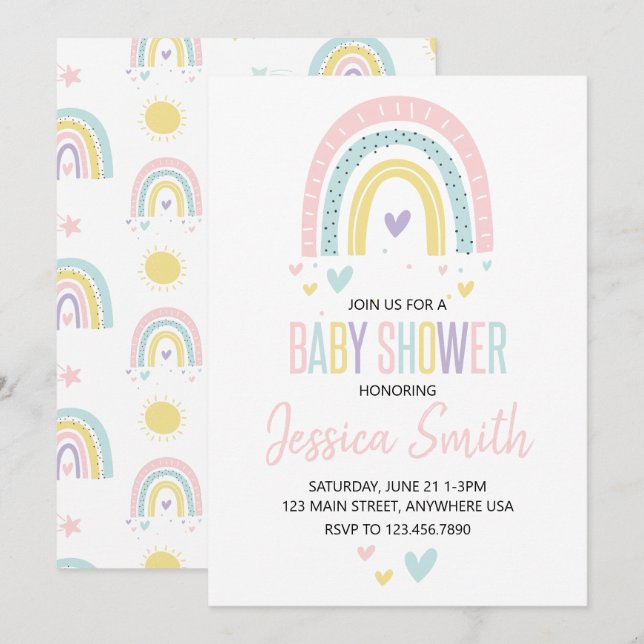 Pastellregnbåge och hjärtan, babydusch inbjudan (Fram/baksida)
