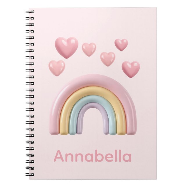 Pastellregnbåge och hjärtan med rosa anpassat namn anteckningsbok (Framsidan)