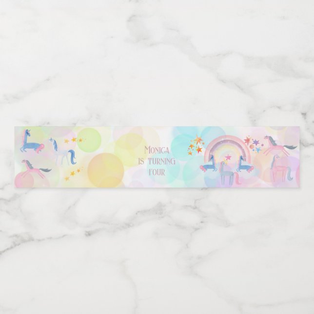 Pastellregnbåge, vattenfärgenmajs barns födelsedag vattenflaska etikett (Singel etikett)