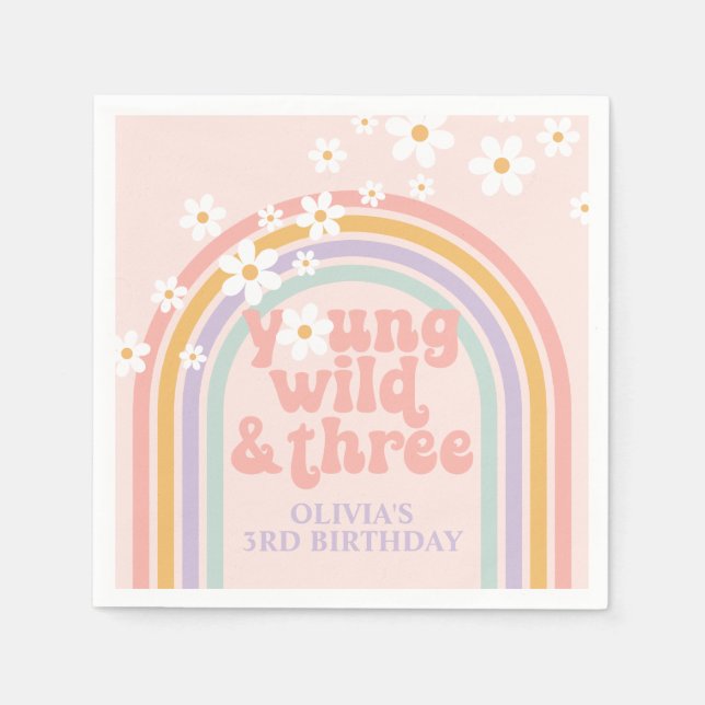 Pastellregnbåge Young Wild tre 3-årsdag Pappersservett (Framsidan)