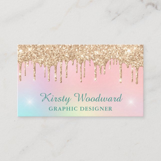 Pastellregnbågsgradient & guld droppande glitter visitkort (Framsida)