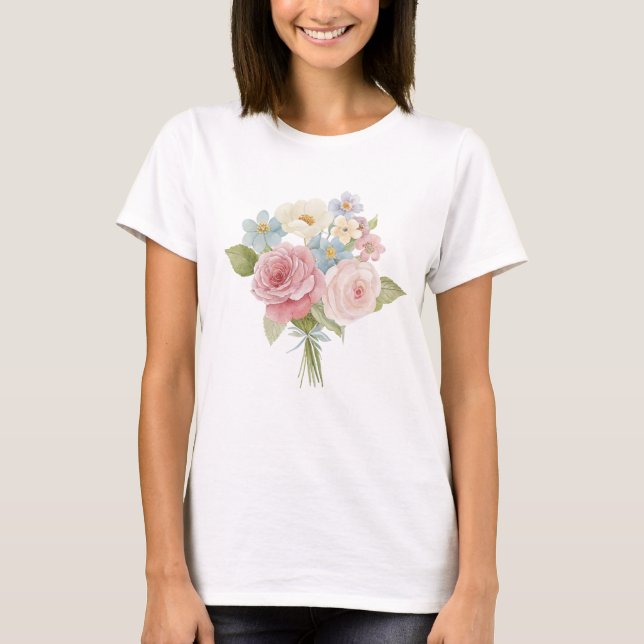 Pastellros och vildblomma akvarellbukett t shirt (Framsida)