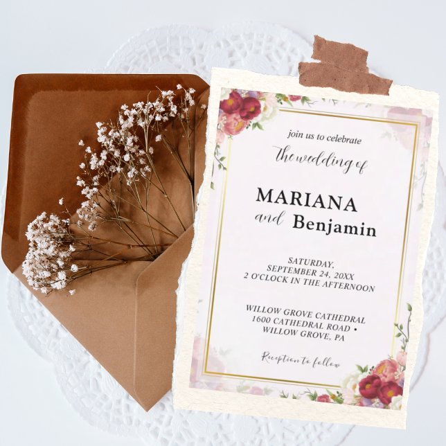 Pastellrosa & Guld Blommig Bröllopsinbjudan Inbjudningar (Skapare uppladdad)