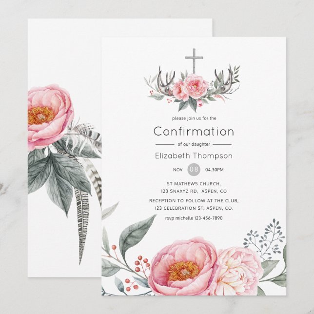 Pastellrosa och grå boho blomsterbekräftelse inbjudningar (Fram/baksida)