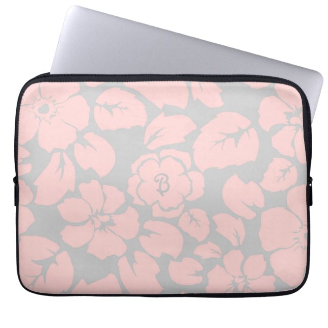 Pastellrosa och grått blomstermonogram laptop fodral (Framsidan)