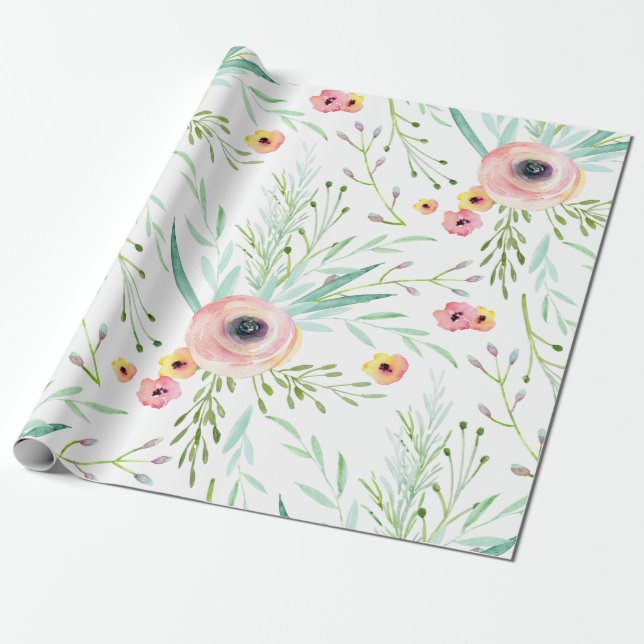 Pastellrosa och korallfärgade vårblommor presentpapper (Utrullad)