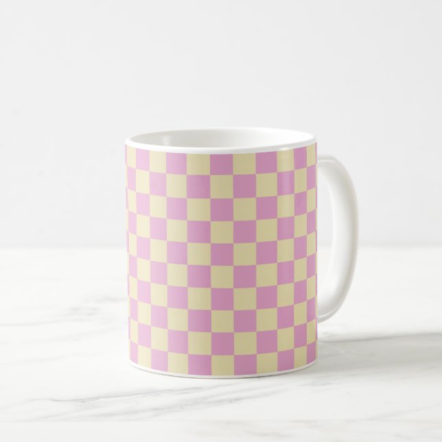 Pastellrosa och ljust gul rutig mönster kaffemugg (Framsida höger)