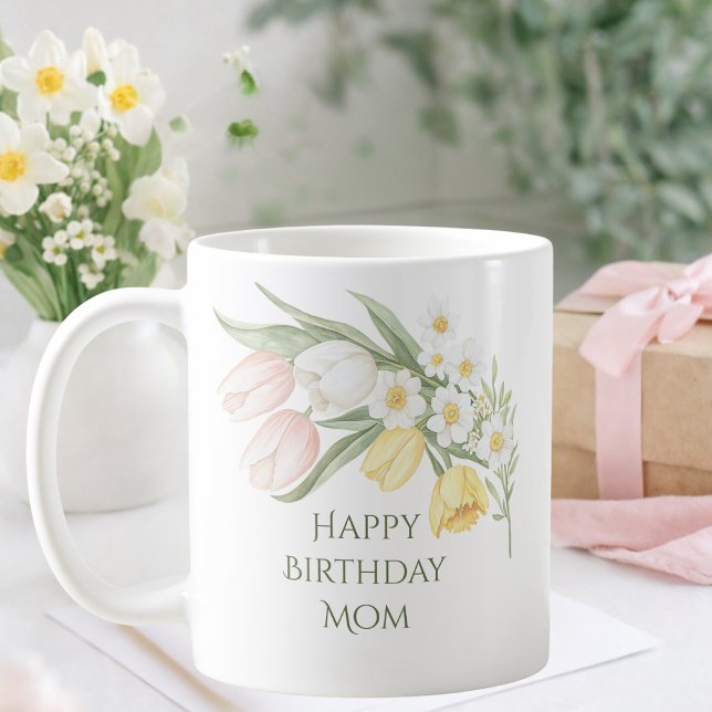 Pastellrosa tulpaner Narcisser Blommig Födelsedags Kaffemugg (Skapare uppladdad)