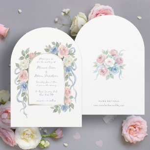 Pastellrosa, vita och blå rosor & bandbåge inbjudningar