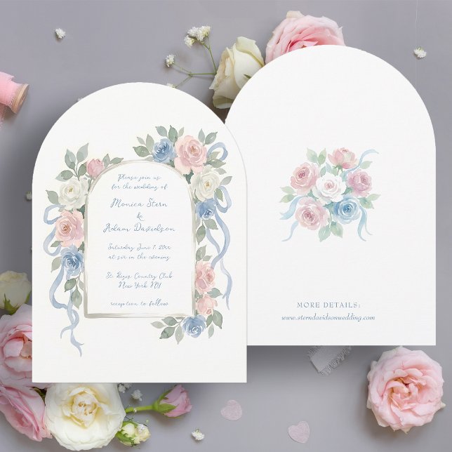 Pastellrosa, vita och blå rosor & bandbåge inbjudningar (Skapare uppladdad)