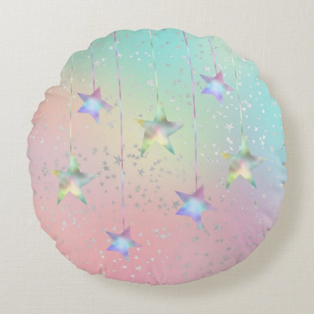 Pastellsnurrande holografiska stjärnor och band sö rund kudde (Framsidan)