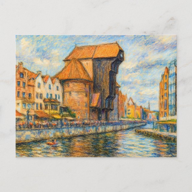 Pastellteckning av Danzigs historiska kranport i d Helg Vykort (Framsida)