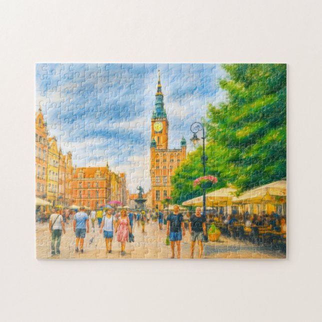 Pastellteckning av Danzigs Long Market med kyrka Pussel (Horisontell)