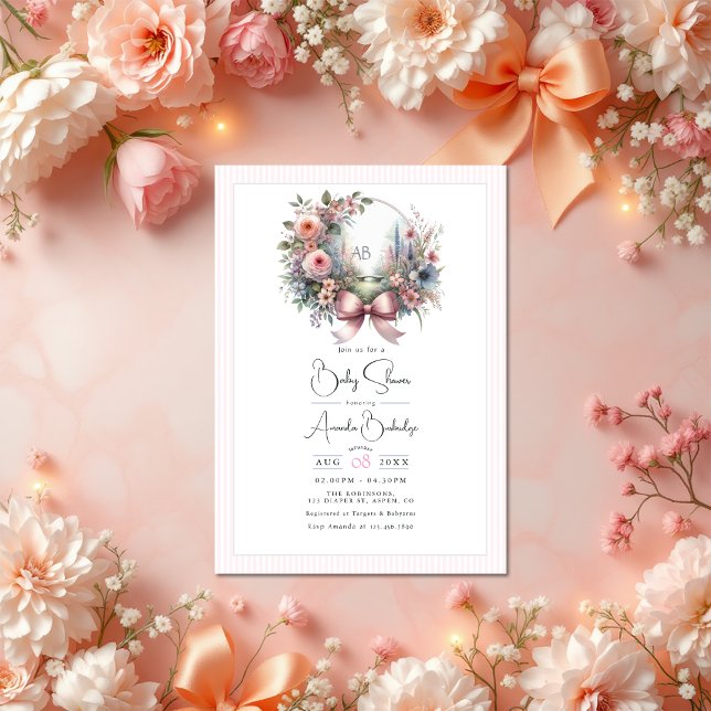 Pastellträdgård blommar Baby Shower med blommor Inbjudningar (Pastel Garden Blooms Bow Floral Baby Shower Invitation)