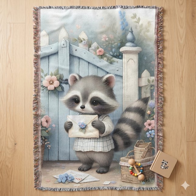 Pastelltvättbjörns Bokstavsträdgård Filt (Pastel Raccoon Letter Garden Throw Blanket)