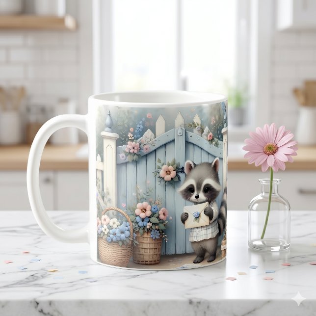 Pastelltvättbjörns Bokstavsträdgård Kaffemugg (Pastel Raccoon Letter Garden Coffee Mug)