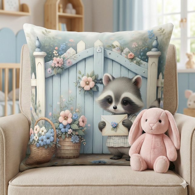 Pastelltvättbjörns Bokstavsträdgård Kudde (Pastel Raccoon Letter Garden Throw Pillow Mockup A)