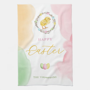 Pastellvattenfärgssprut och kyckling God påsk Kökshandduk