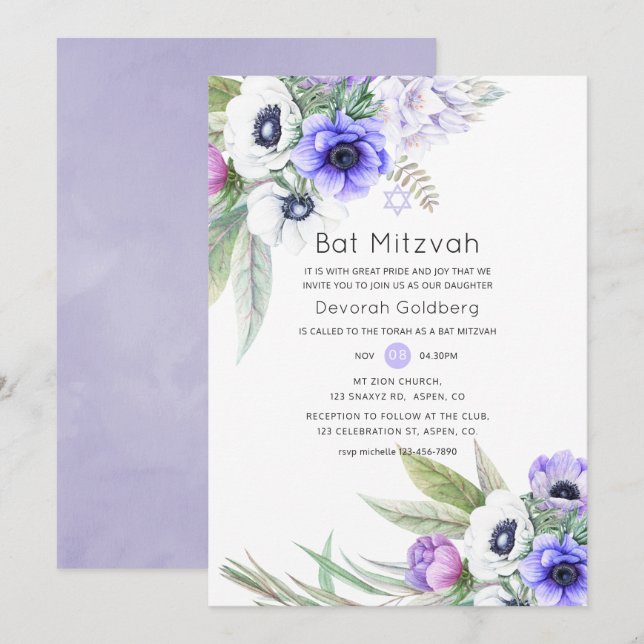 Pastellviolett och plommonblommig Bat Mitzvah Inbjudningar (Fram/baksida)
