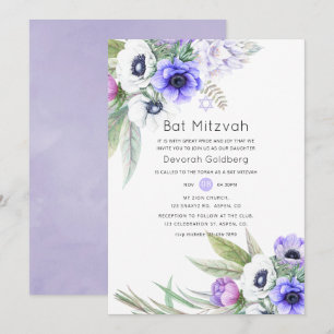 Pastellviolett och plommonblommig Bat Mitzvah Inbjudningar