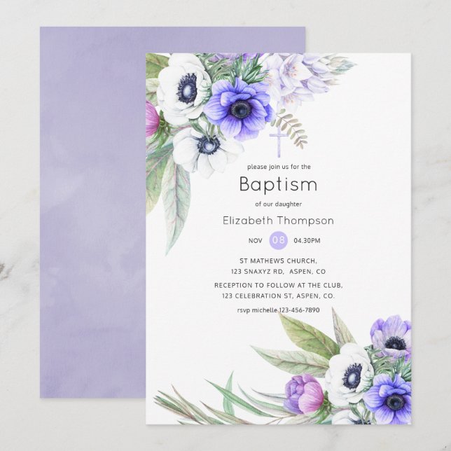 Pastellviolett och plommonblommig dopceremoni inbjudningar (Fram/baksida)