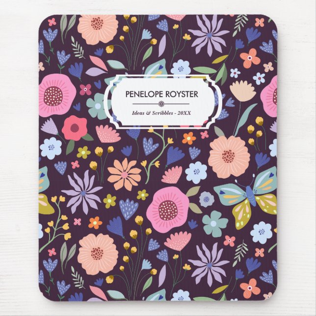 Pastels & Dark Plum Floral Pattern Name Mouse Pad Musmatta (Framsidan)