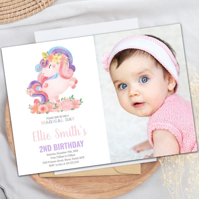 Pastil Färg Unicorn Birthday-inbjudningar med foto Inbjudningar (Pastil Color Unicorn Birthday Invitations w photo)