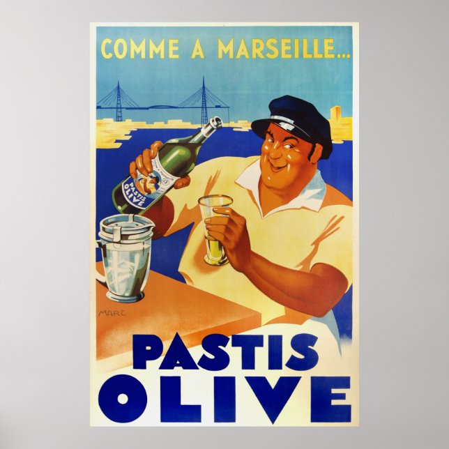 Pastis Olive kom en Marseille-fransk 1936 vintage Poster (Framsidan)