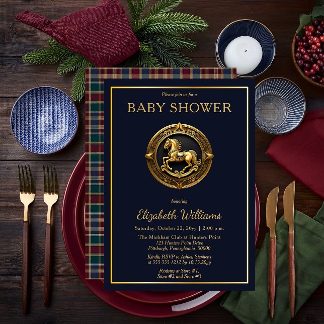 Pastor Equestrian Rocking Horse Play Baby Shower Inbjudningar (Charming Preppy Equestrian Gold Tone Rocking Horse on Navy Blue with Plaid Boy Baby Shower Invite)
