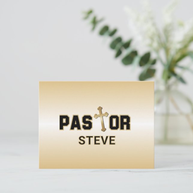 Pastor Svart Guld Kors Personliggjort Vykort (Stående Fram)