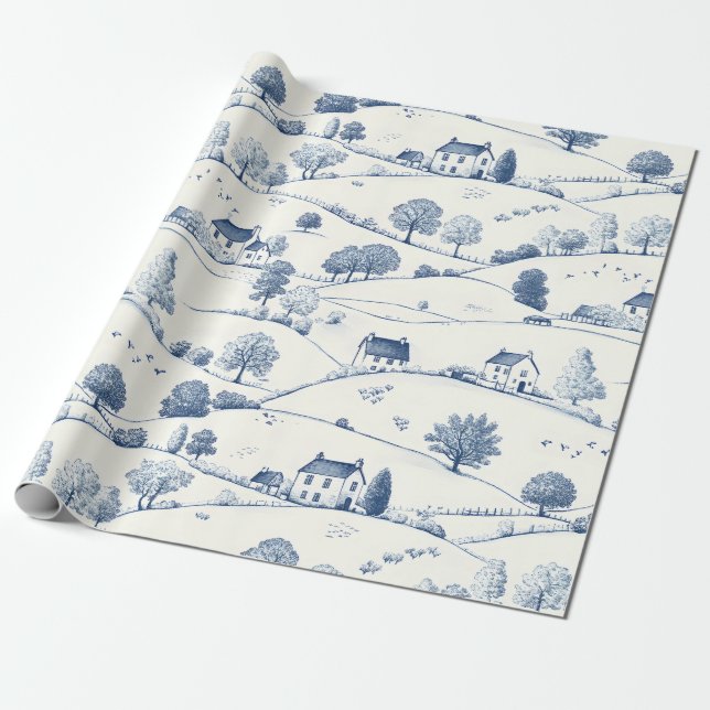 Pastoral Blå Toile Landskaps Klassisk Fransk Presentpapper (Utrullad)