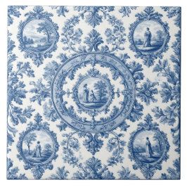 Pastoral Countryside Rural Folks French Toile Blue Kakelplatta