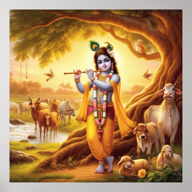 Pastoral Golden Serene Krishna Flute Scene Art Poster (Framsidan)