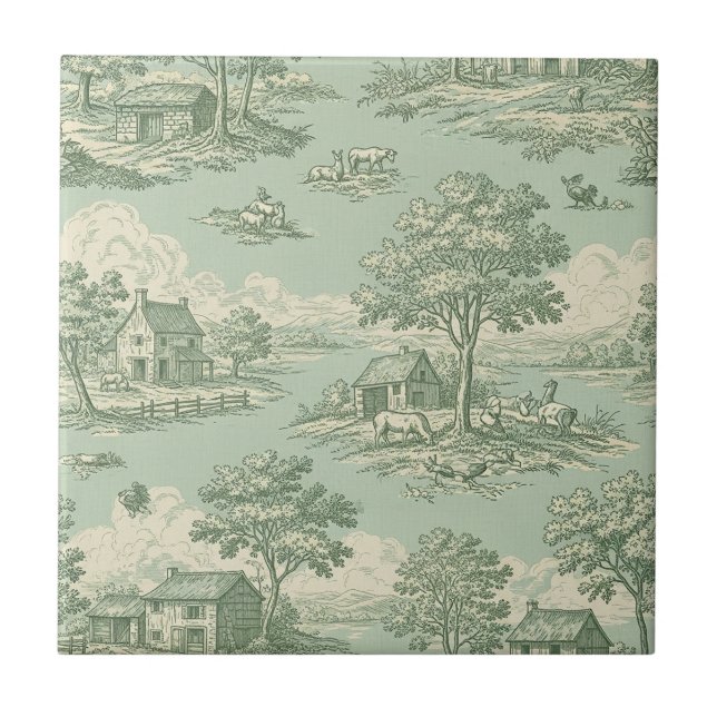 Pastoral Sage Green Toile Countryside Farm Scene 1 Kakelplatta (Framsidan)