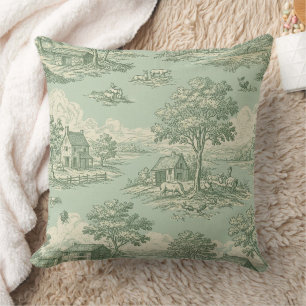 Pastoral Sagegrön Toile Landsbygd Gårdsscen 1 Kudde