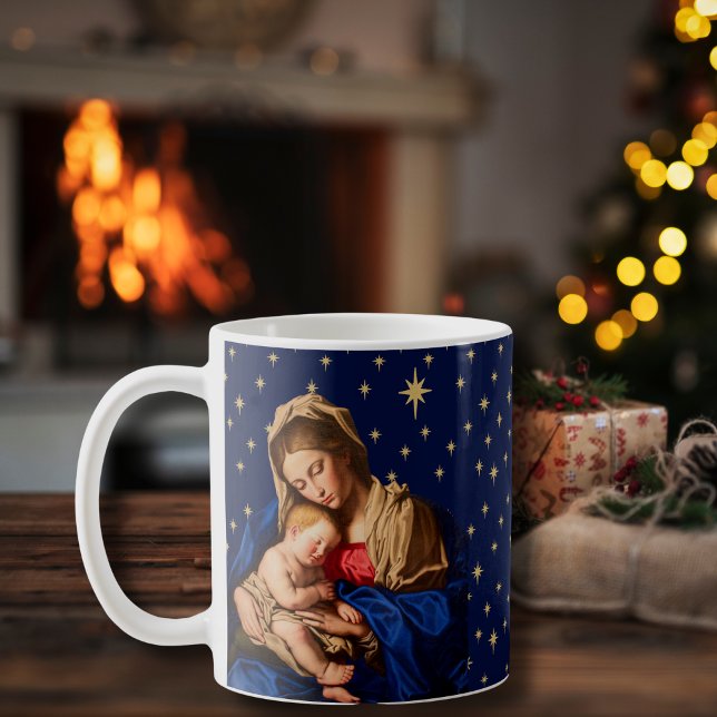 Pastorer för Madonna & Child- Jul Gift Kaffemugg (Navy blue and gold religious coffee cup with Madonna and Child. Great gift for Catholics.)