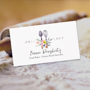 Pastry Chef Baking Utensil Blommigt Bouquet Rustic Visitkort
