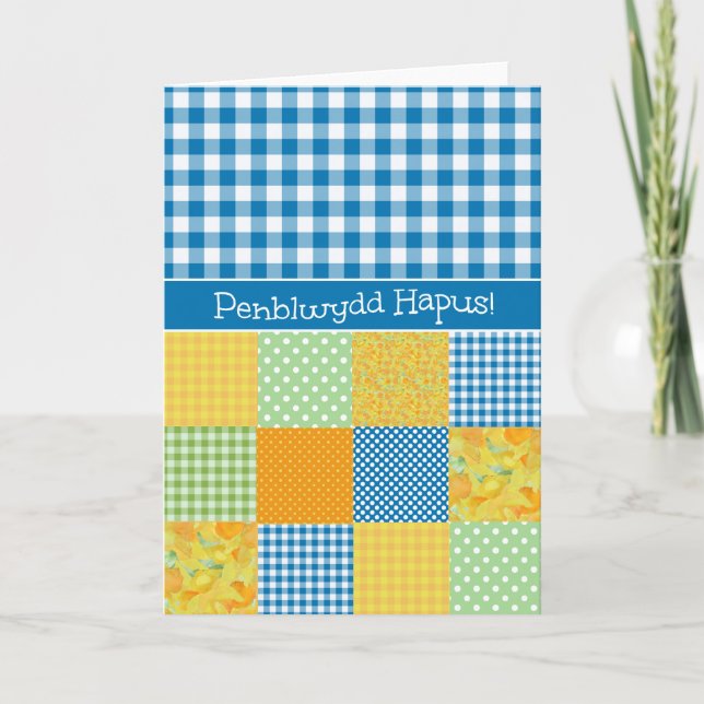 Patchwork and Gingham Birthday Card Welsh Hälsning Kort (Framsida)