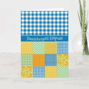 Patchwork and Gingham Birthday Card Welsh Hälsning Kort