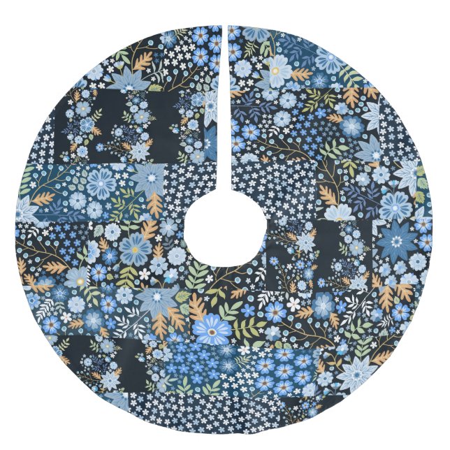 Patchwork Blåa blommor: Seamless Fabric. Julgransmatta Borstad Polyester (Framsidan)