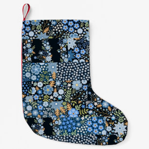 Patchwork Blåa blommor: Seamless Fabric. Liten Julstrumpa
